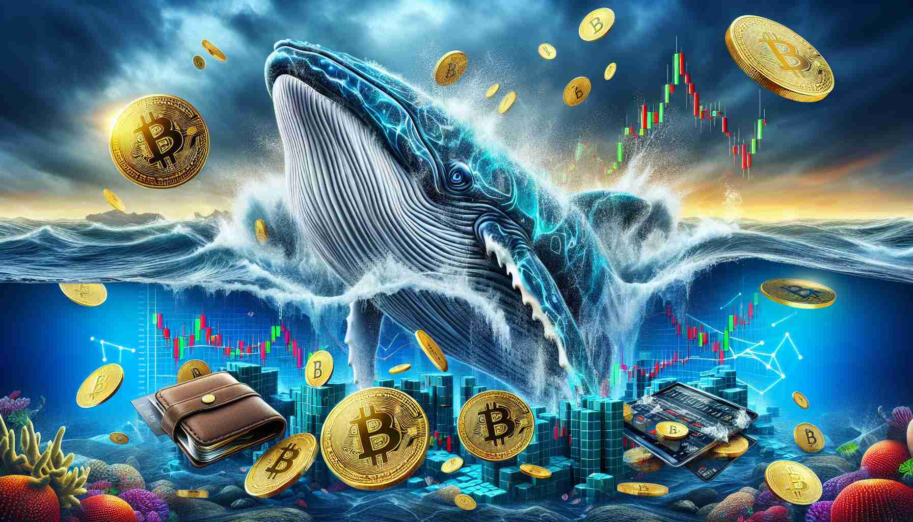 Generate a hyper-realistic HD image that metaphorically depicts the concept of cryptocurrency whales, represented as large and majestic marine creatures, capitalizing on a market downturn, symbolized as a turbulent ocean filled with coins sinking. Incorporate elements such as graphs, Ledger wallet, and coins to further emphasize the financial context.