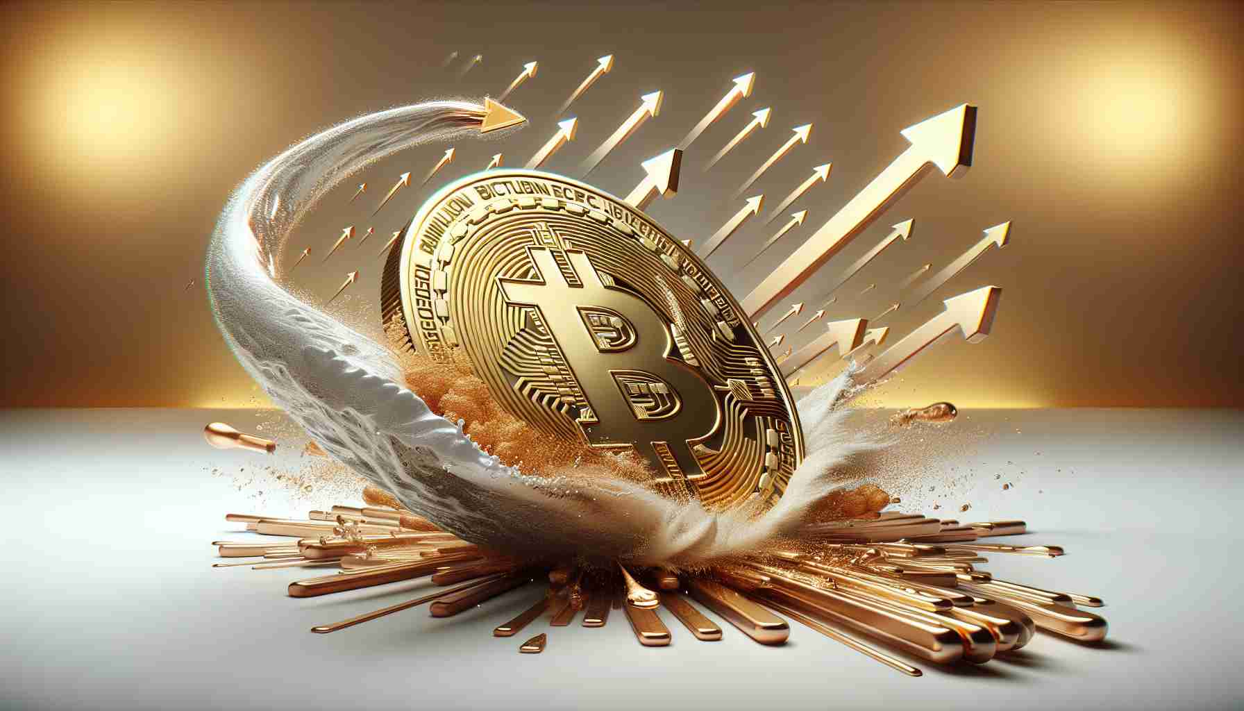 A high-definition, realistic representation of the concept of revolutionizing Bitcoin liquidity and yield opportunities. The scene can show a symbolic representation of Bitcoin, such as a physical gold coin with the 'B' Bitcoin logo. It is caught mid-motion, propelling onward on a forward trajectory. In the background, various arrows point upwards, representing the yield opportunities. There could also be metaphoric elements representing the concept of liquidity, such as depicting the Bitcoin in a fluid state or the arrows emerging from a body of water.