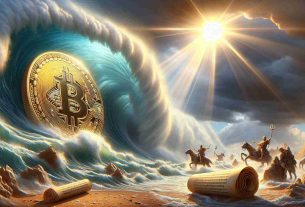 Highly realistic HD image of an allegorical representation of Bitcoin's resilience in uncertain times. Bitcoin should be depicted as a large golden coin withstanding severe, overpowering storms, demonstrating its survival and strength. These tempests symbolize the periods of economic uncertainty. Adjacent to this scene, portray emerging rays of sunlight, symbolizing signs of recovery. Include a scroll or book in the foreground containing vague texts or hints, intending to represent political promises without directly portraying any politicians.