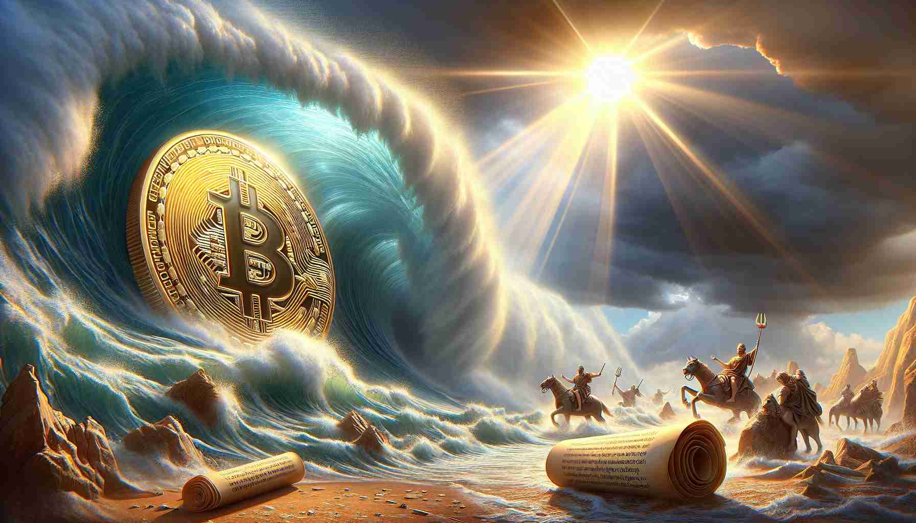 Highly realistic HD image of an allegorical representation of Bitcoin's resilience in uncertain times. Bitcoin should be depicted as a large golden coin withstanding severe, overpowering storms, demonstrating its survival and strength. These tempests symbolize the periods of economic uncertainty. Adjacent to this scene, portray emerging rays of sunlight, symbolizing signs of recovery. Include a scroll or book in the foreground containing vague texts or hints, intending to represent political promises without directly portraying any politicians.