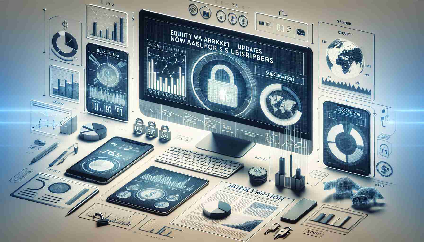 Create a realistic and high definition image that portrays the concept of equity market updates now being available for subscribers. The image should show various elements of stock market analysis such as bar charts, line graphs, and pie charts. It could also depict a range of digital devices like computers, tablets, and smartphones displaying these updates. Imagery related to subscriptions, such as a newsletter or an unlock symbol, might be useful to signify the subscription aspect. Use neutral tones with a professional feel, capturing the seriousness of financial markets.