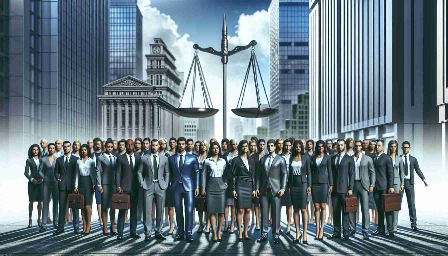 Realistic HD image of a group of people symbolically seeking justice for their financial losses. The scene features a diverse group of individuals including Caucasian, Black, Hispanic, Middle-Eastern, and South Asian people. They are all dressed in business attire indicating their involvement in the financial sector. They are standing together against a backdrop of tall financial buildings, heavily symbolic of an asset claim forum. At the center, there's a huge scale of justice, which further strengthens the atmosphere of seeking justice.