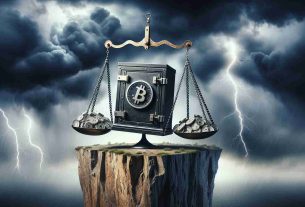 Create a high-definition image representing a tumultuous Bitcoin market, visualized by a large, traditional scale tilting precariously over the edge of a cliff against the backdrop of gloomy weather, the heavy side weighed down by chains that are attached to safes, representing Bitcoin ETF withdrawals. The sky above the cliff represents new challenges, filled with dark storm clouds and lightning.