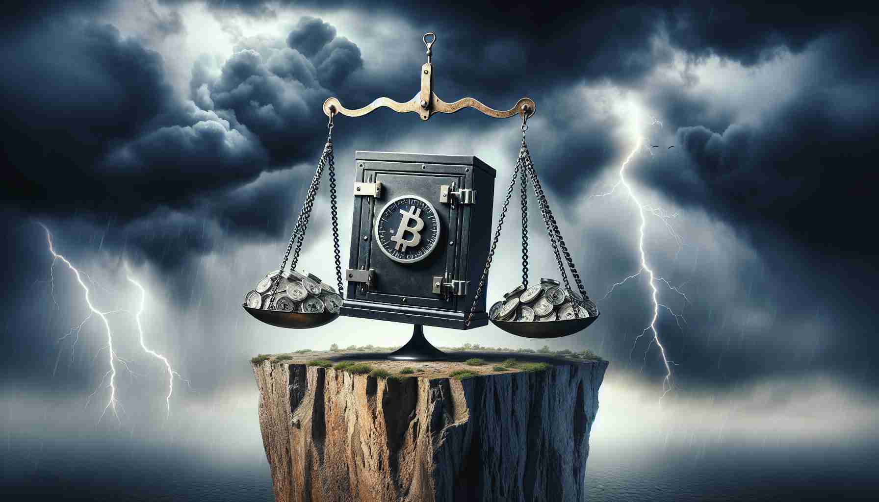 Create a high-definition image representing a tumultuous Bitcoin market, visualized by a large, traditional scale tilting precariously over the edge of a cliff against the backdrop of gloomy weather, the heavy side weighed down by chains that are attached to safes, representing Bitcoin ETF withdrawals. The sky above the cliff represents new challenges, filled with dark storm clouds and lightning.