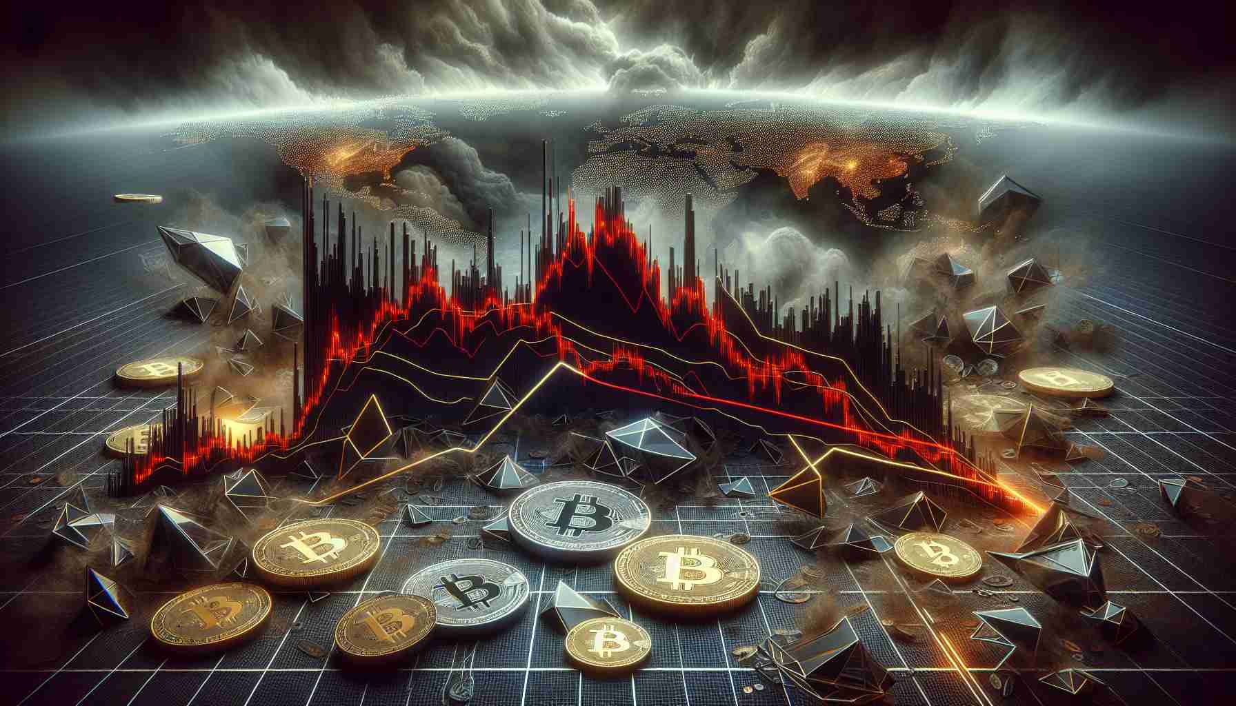 An ultra high-definition, realistic image depicting a metaphorical representation of declining market sentiment linked to the cryptocurrency sector. The picture shows an ominous stock market chart with plummeting red graphs indicating drastic loss. Coins and symbols of digital currencies are scattered around, visually communicating a widespread sentiment of fear. The design elements are all incorporated in a gloomy color palette and the atmosphere mirrors the anxiety pervading the market.