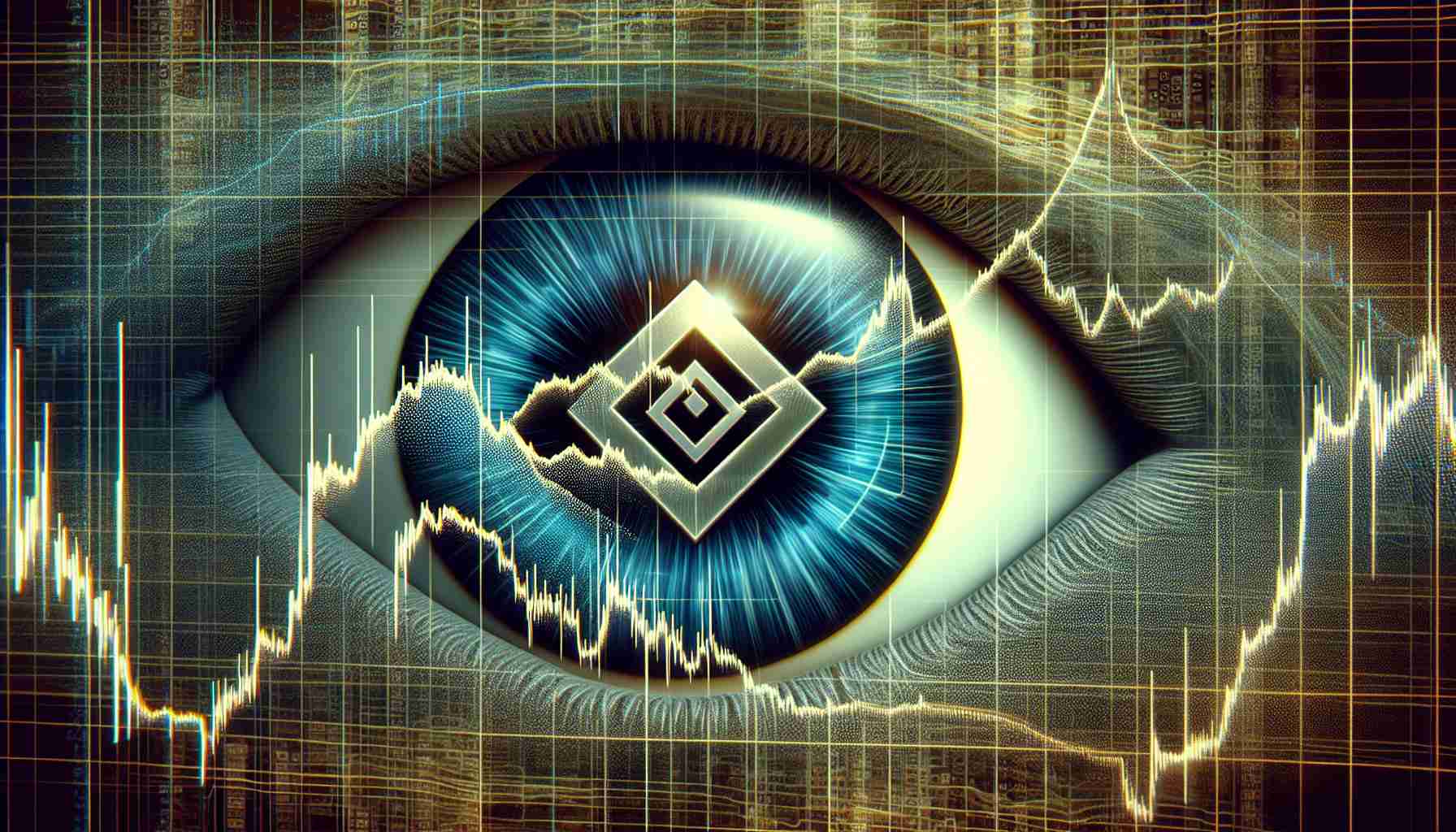 Illustration of the symbol for Injective Protocol eyeing a metaphorical wave indicative of market surge post-pattern shift. The image portrays the ups and downs of cryptocurrency trading in a dramatic, high-definition fashion. The Injective protocol symbol is shown as focusing intensely on the upsurge, symbolizing vigilance and anticipation. The background should be a mesh of complex data patterns indicating turbulence and change in the market.