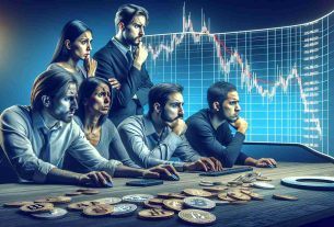 Generate a realistic image in HD that visually represents the concept of declining enthusiasm for altcoins. The image should include skeptical traders looking at computer screens displaying downtrending cryptomarket charts, thereby depicting the hard market realities. Include a range of people: a Caucasian female, a Black male, a Hispanic male, and a Middle-Eastern female, all representing different traders in this scene. Use tones of blues and greys to evoke a sense of uncertainty and skepticism. Also, include some physical altcoins scattered on a table to further emphasize the theme.