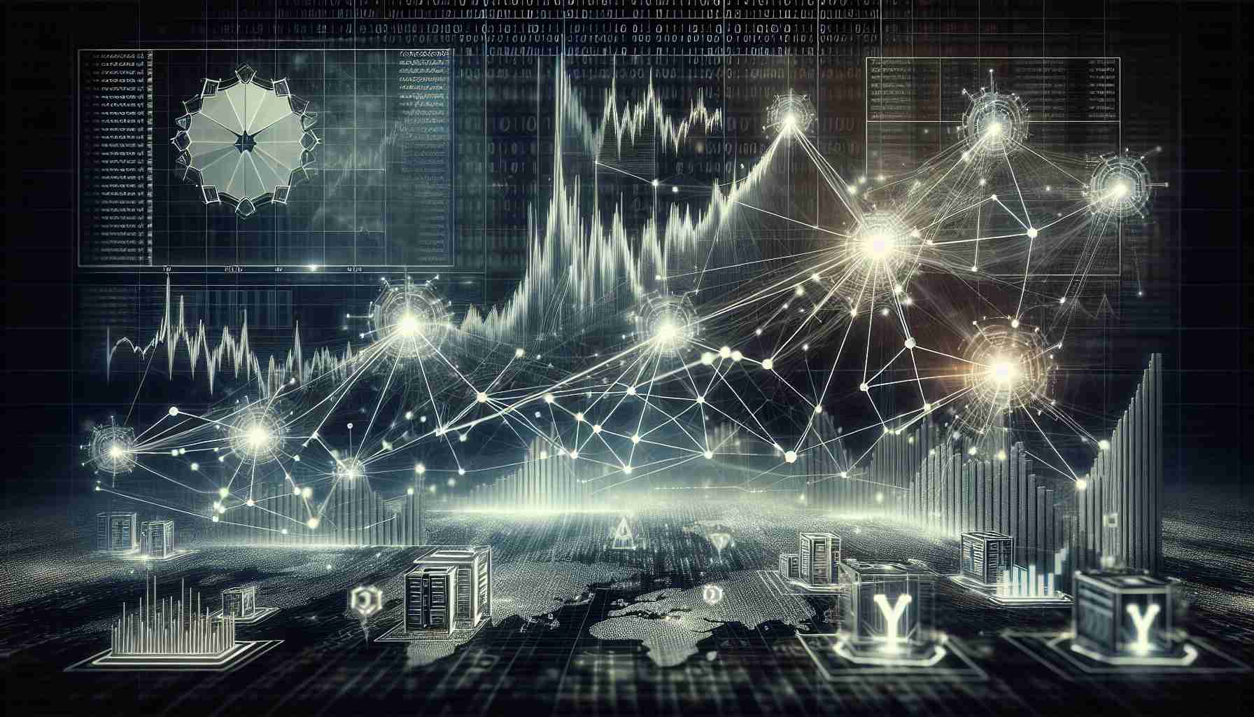 An HD photo realistically depicting the concept of a surge in network transactions on the Cardano blockchain platform. This is represented by a vast web of interconnected lines, symbolizing the transfer of data, that is more concentrated in some areas to represent the spike. The backdrop is a binary code, subtle but visible to symbolize the digital nature. On top, there are suggestive images of new developments such as growing charts, nodes, and machinery depicting refinements and upgrades. Note that these elements are conceptual and should be abstract yet recognisable.