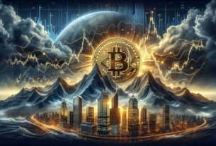 An ultra HD representation of the volatile journey of Bitcoin amid speculation and corporate interest. The image is a symbolic representation of periods of significant fluctuation, with peaks and valleys in the form of a detailed mountain range accompanied by storm clouds to symbolize the unpredictability. Corporate buildings standing tall in the backdrop to denote the growing corporate interest. In the foreground, a golden Bitcoin coin, radiating light, represents the essential subject matter. In the background, a stock market graph with volatile data patterns printed on the sky. Total representational journey of Bitcoin from inception to its present state.