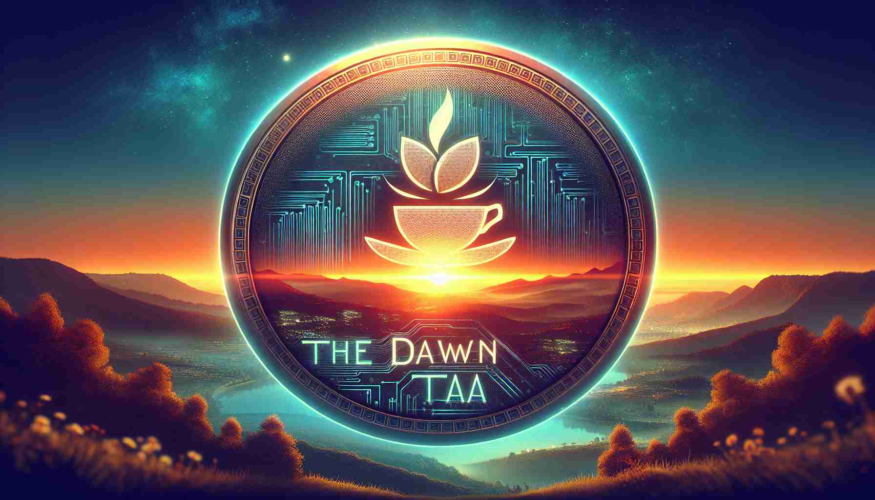 Create an HD image that depicts the concept of 'The Dawn of TEA', which is a new type of hypothetical digital currency with a sustainability mission. The coin has a logo which consists of a teacup graphic. The background portrays a transition from night to dawn with a crisp sunrise over a beautiful landscape indicating a new beginning. The mood of the image is optimistic, with a futuristic touch to represent the digital nature of this currency.