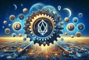 Spectacular high-definition image depicting the abstract concept of a digital currency platform modifying its blockchain operations. The picture should reflect the metaphorical winding down of support for EOS and Algorand systems. Please use the representation of gears and circuits intermingling with symbols of EOS and Algorand, illustrating a slowdown or disconnection. Use visuals that convey technology, finance, and change, but avoid any specific branding or logos.