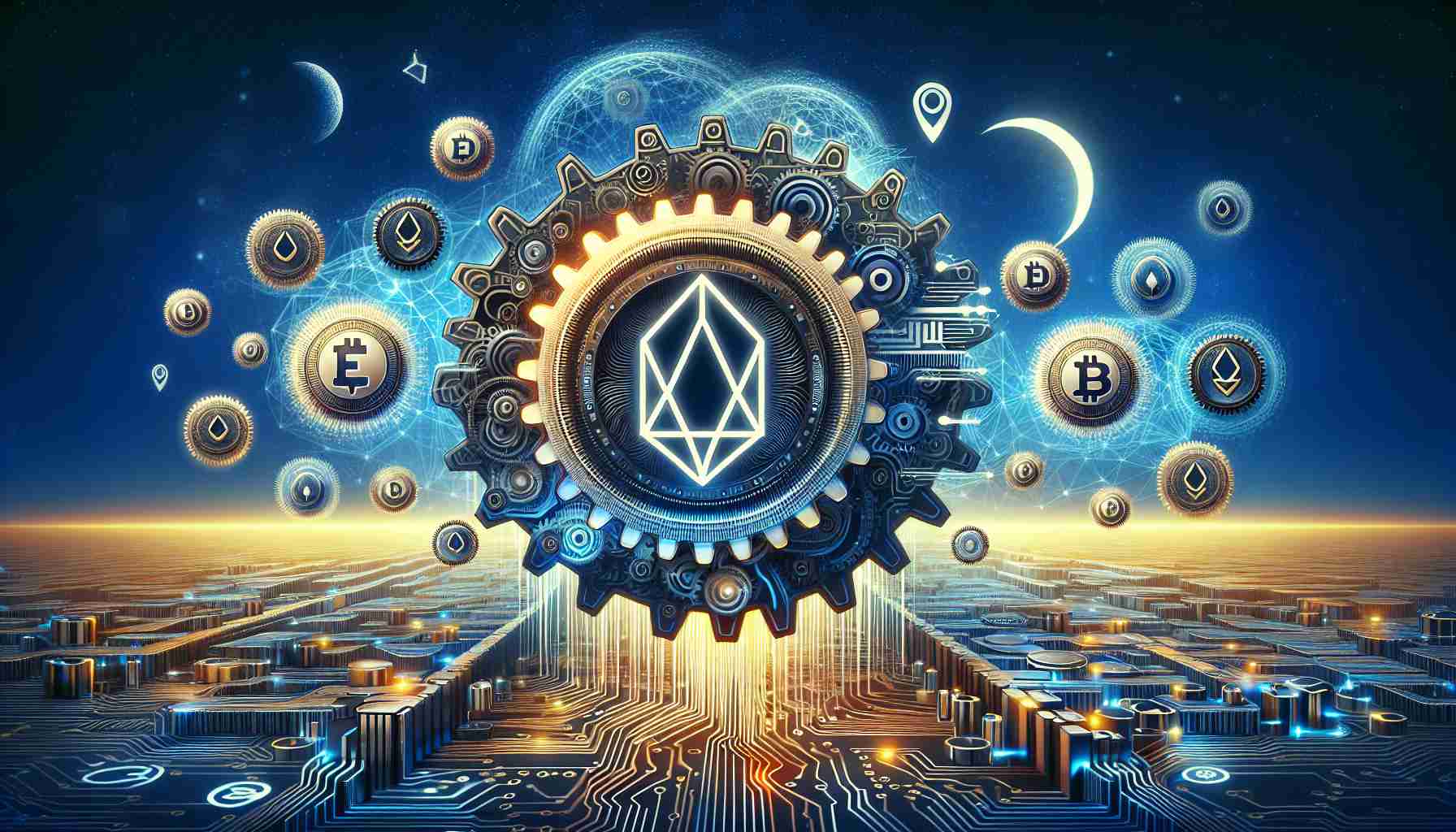 Spectacular high-definition image depicting the abstract concept of a digital currency platform modifying its blockchain operations. The picture should reflect the metaphorical winding down of support for EOS and Algorand systems. Please use the representation of gears and circuits intermingling with symbols of EOS and Algorand, illustrating a slowdown or disconnection. Use visuals that convey technology, finance, and change, but avoid any specific branding or logos.