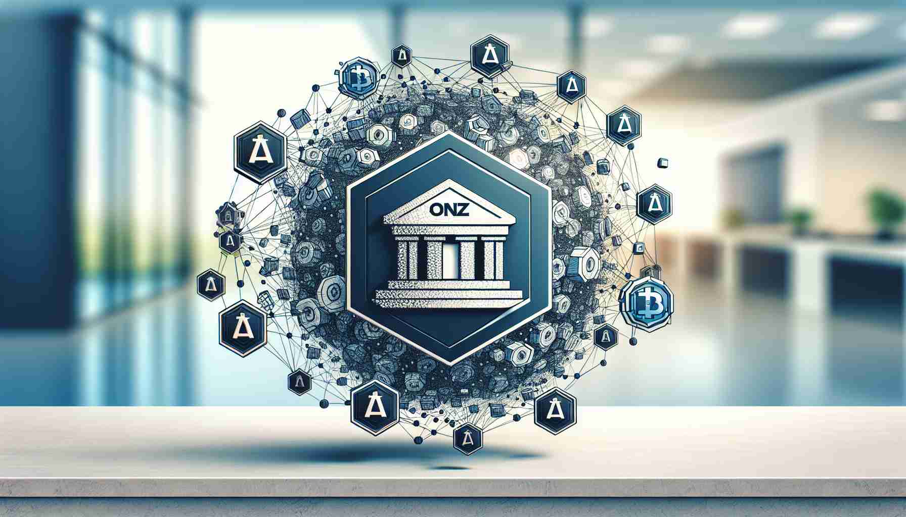 An image showing a visual representation of OneAZ Credit Union embracing blockchain technology. This should involve graphics that indicate blockchain, perhaps in the form of interconnected nodes or digital chains, combined with symbols of banking and finance, possibly a credit union building or logo. Although it should be abstract, the representation should be realistic and high definition.