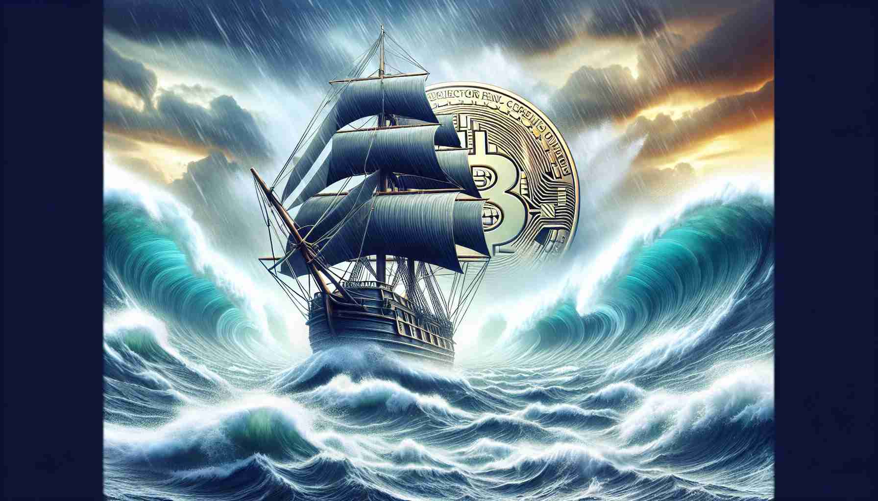 Generate a high-definition, realistic image representing the impressive resilience of the cryptocurrency 'Toncoin' amidst turbulent financial market conditions. The image should denote concepts of steadiness, strength, and invincibility in a sea of economic instability. Perhaps, a visual metaphor using a robust ship upon stormy seas, where 'Toncoin' is represented by the steadfast ship bravely weathering the financial disruptions represented by tumultuous waves.