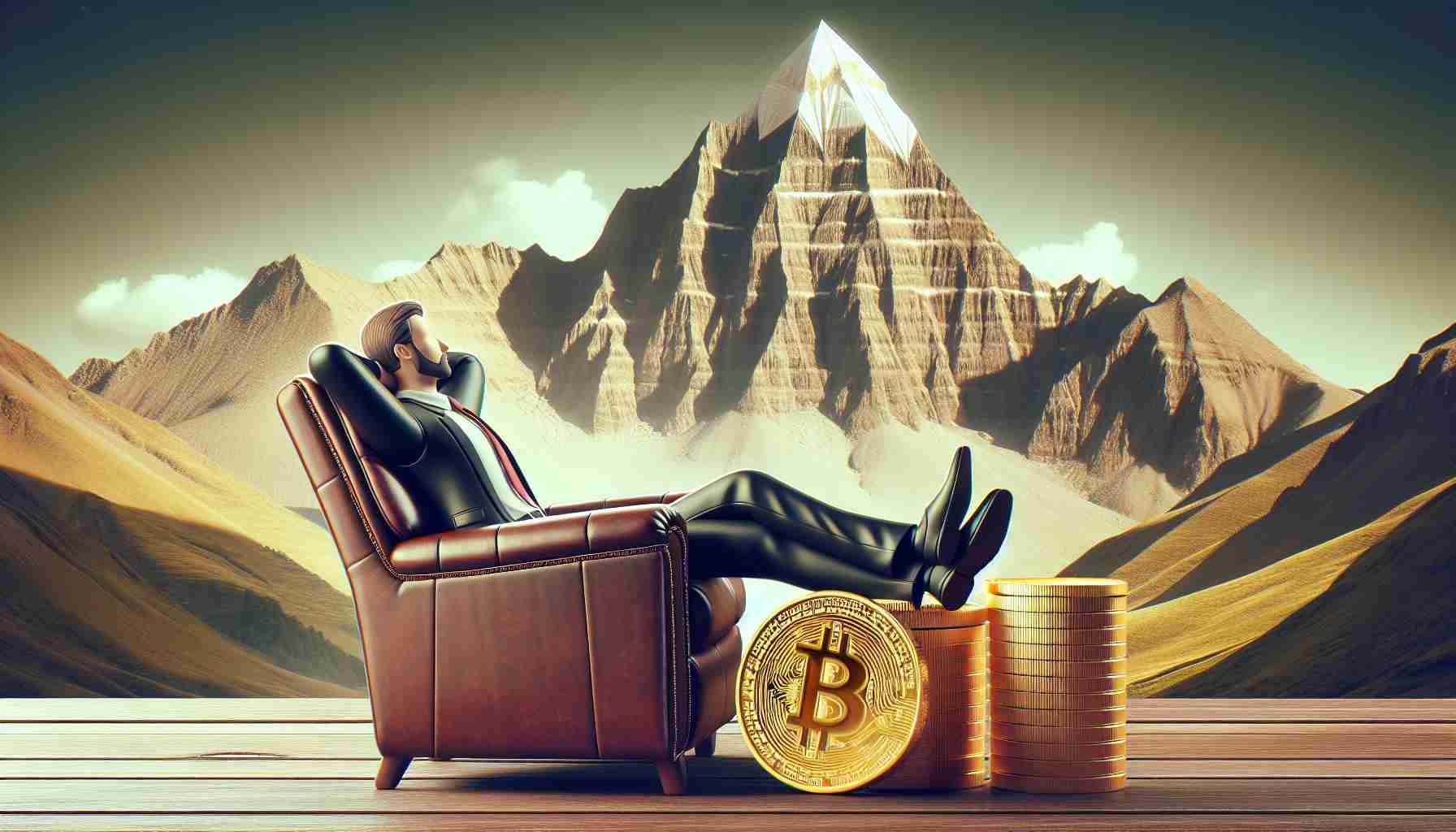 Realistic high-definition photo of a metaphorical depiction of the cryptocurrency 'Toncoin' resting or taking a breather following its record-breaking price highs. This could be visualized as the symbolic coin reclining comfortably in a high-backed leather armchair with financiers, representing its high record, or perched on the top of a towering mountain peak, metaphorically representing its peak performance in the market.