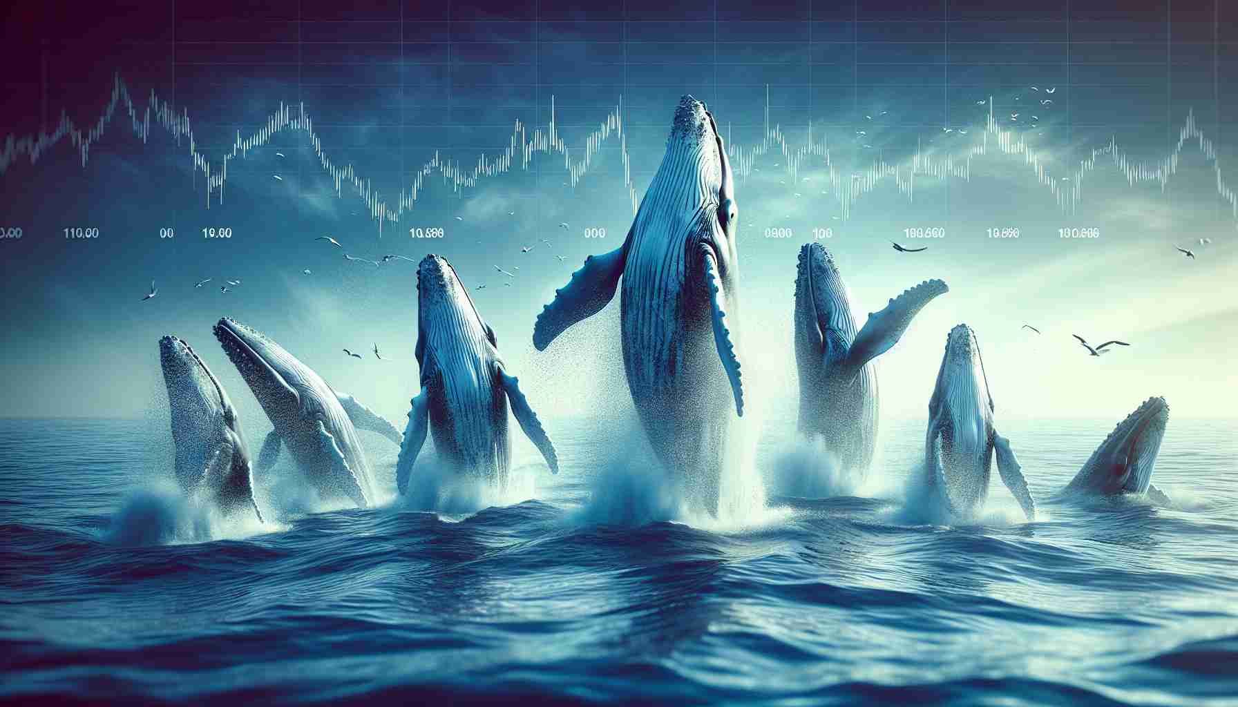 A high resolution, visually striking image capturing the exuberant activity of whales underwater. These massive creatures are seen breaching the ocean surface, their enormity contrasting with the vast expanse of endless ocean. The spectacle is a symbol of hope for observers who might metaphorically be investors in 'Whale Investment Funds' (WIF), watching for signs of positive activity.