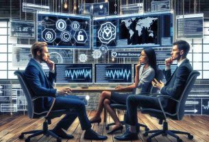 Create a hyper-realistic high definition picture denoting a scene in a cryptocurrency firm named CertiK. Depict a Caucasian male, an Asian female, and a Black male engrossed in a deep discussion about a controversial security test. The setting should include multiple computer screens displaying technical code and graphs symbolizing Kraken Exchange. Use symbols and metaphors to visually explain the complexity and controversy of the security test.