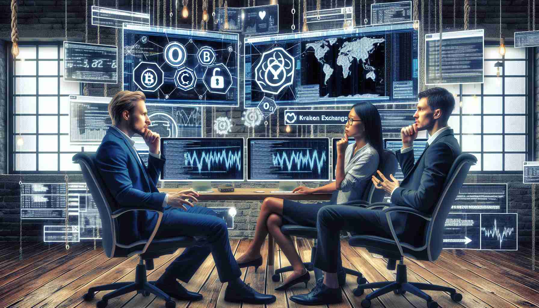 Create a hyper-realistic high definition picture denoting a scene in a cryptocurrency firm named CertiK. Depict a Caucasian male, an Asian female, and a Black male engrossed in a deep discussion about a controversial security test. The setting should include multiple computer screens displaying technical code and graphs symbolizing Kraken Exchange. Use symbols and metaphors to visually explain the complexity and controversy of the security test.