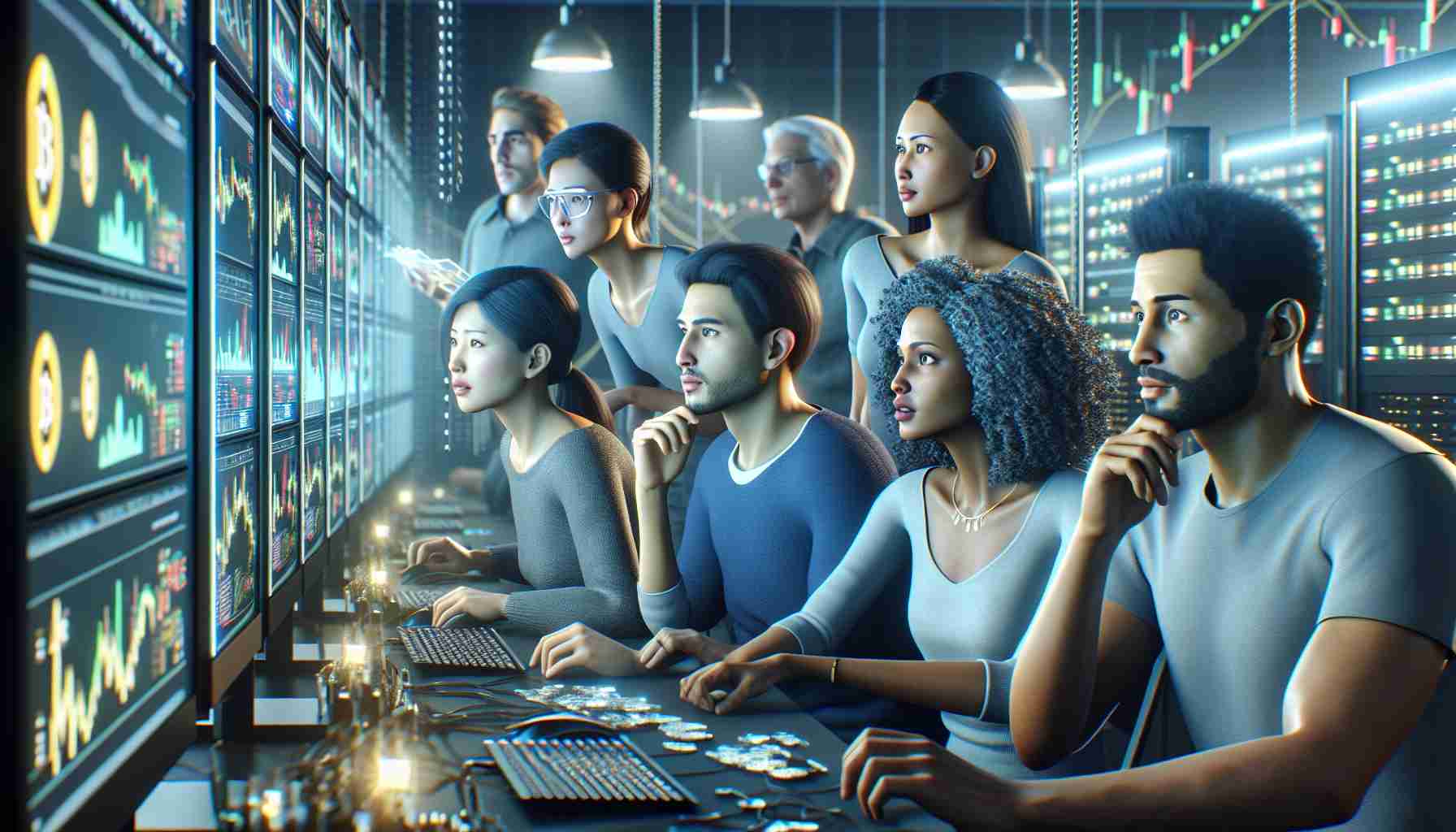 A realistic, high-definition visual representation of diverse cryptocurrency miners of different descents, such as a Middle-Eastern woman, a Hispanic man, a South Asian woman, and a Black man, engrossed in adjusting to new income dynamics. They are attentively looking at multiple screens showing cryptocurrency trends and graphs, in a bustling workspace filled with high-tech computing gear. The scene is bathed in the soft, electronic glow of the screen lights. Some are contemplating, some are excitedly discussing strategies, and others are methodically making adjustments on their computers.