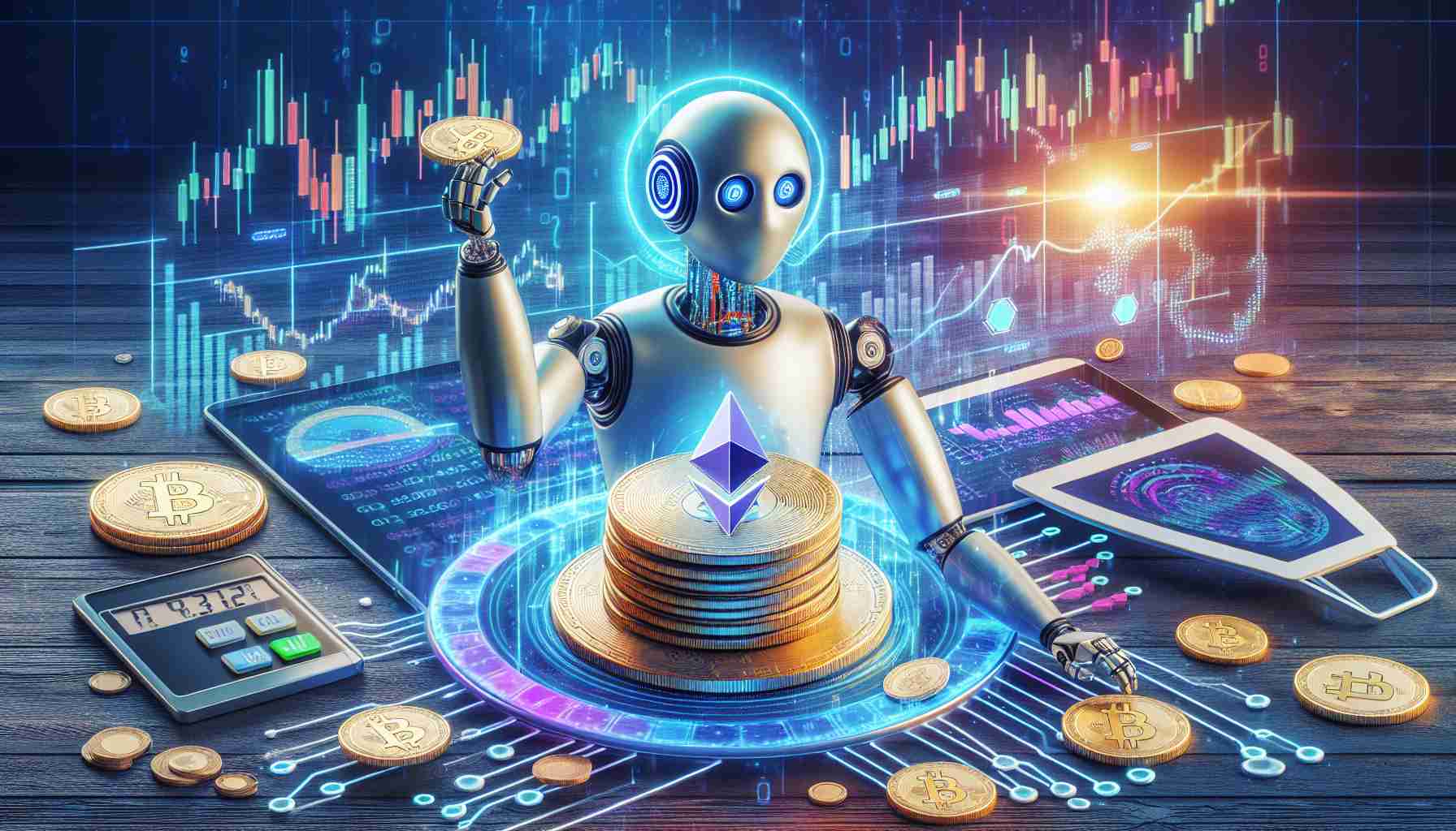 Create a high-definition, realistic image that represents the integration of artificial intelligence by PancakeSwap to innovate the trading of Ether on the Arbitrum platform. The image should creatively incorporate elements like digital coins, trading charts, and robotic elements to symbolize AI, without any direct reference to specific real persons or events. Note that PancakeSwap and Ether are cryptocurrencies involved in virtual trading.