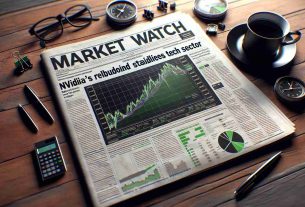 Generate a realistic, high-definition image of a newspaper headline with the text 'Market Watch: Nvidia's Recent Rebound Steadies Tech Sector'. The newspaper should be crisply folded, laid out on a dramatically lit wooden table with a cup of black coffee and a pair of reading glasses next to it. The newspaper page should be filled with financial news, stock-market graphs, and several pie charts and bar graphs. However, the focus should be on the headline about Nvidia's rebound stabilizing the technology sector.