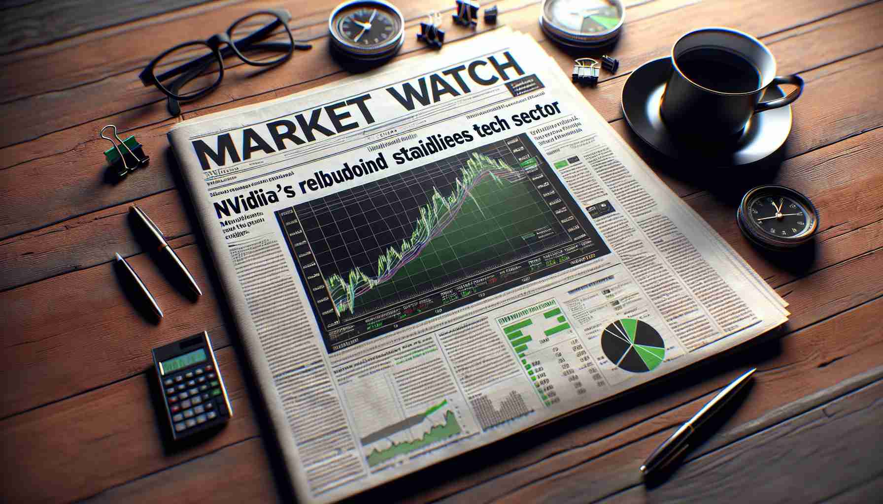 Generate a realistic, high-definition image of a newspaper headline with the text 'Market Watch: Nvidia's Recent Rebound Steadies Tech Sector'. The newspaper should be crisply folded, laid out on a dramatically lit wooden table with a cup of black coffee and a pair of reading glasses next to it. The newspaper page should be filled with financial news, stock-market graphs, and several pie charts and bar graphs. However, the focus should be on the headline about Nvidia's rebound stabilizing the technology sector.