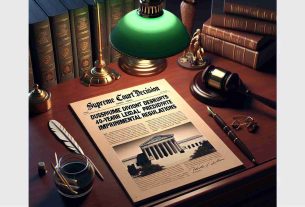 Create a high-definition, realistic image of a legal document bearing the title 'Supreme Court Decision Disrupts 40-Year Legal Precedent Impacting Environmental Regulations'. The document should be laying on a mahogany desk with a green banker's lamp providing illumination. Background elements can include a gavel, legal textbooks, and inkwell with a quill pen. The atmosphere must evoke a sense of formality and gravity, typical of a landmark judicial decision.