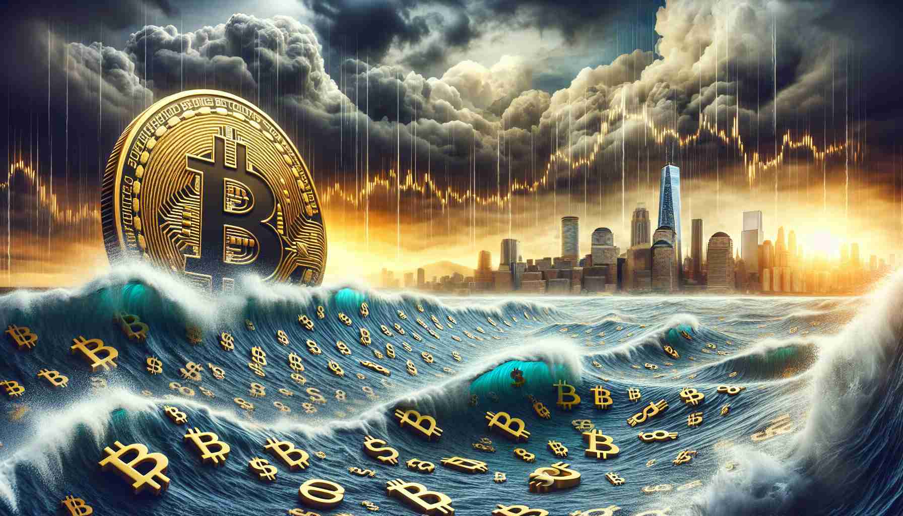 Please create a detailed scene in a realistic style showcasing the concept of Bitcoin fluctuating around the $64,000 mark, with signs of market uncertainty. This could be represented by a wavy sea with a giant, golden Bitcoin coin floating, and turbulent skies overhead. The sea could be filled with numeric figures representing the Bitcoin's price, all in chaos due to the storm, symbolizing market volatility. In the background, an ominous skyline of skyscrapers might embody the financial markets, outlined against a backdrop of somber clouds.