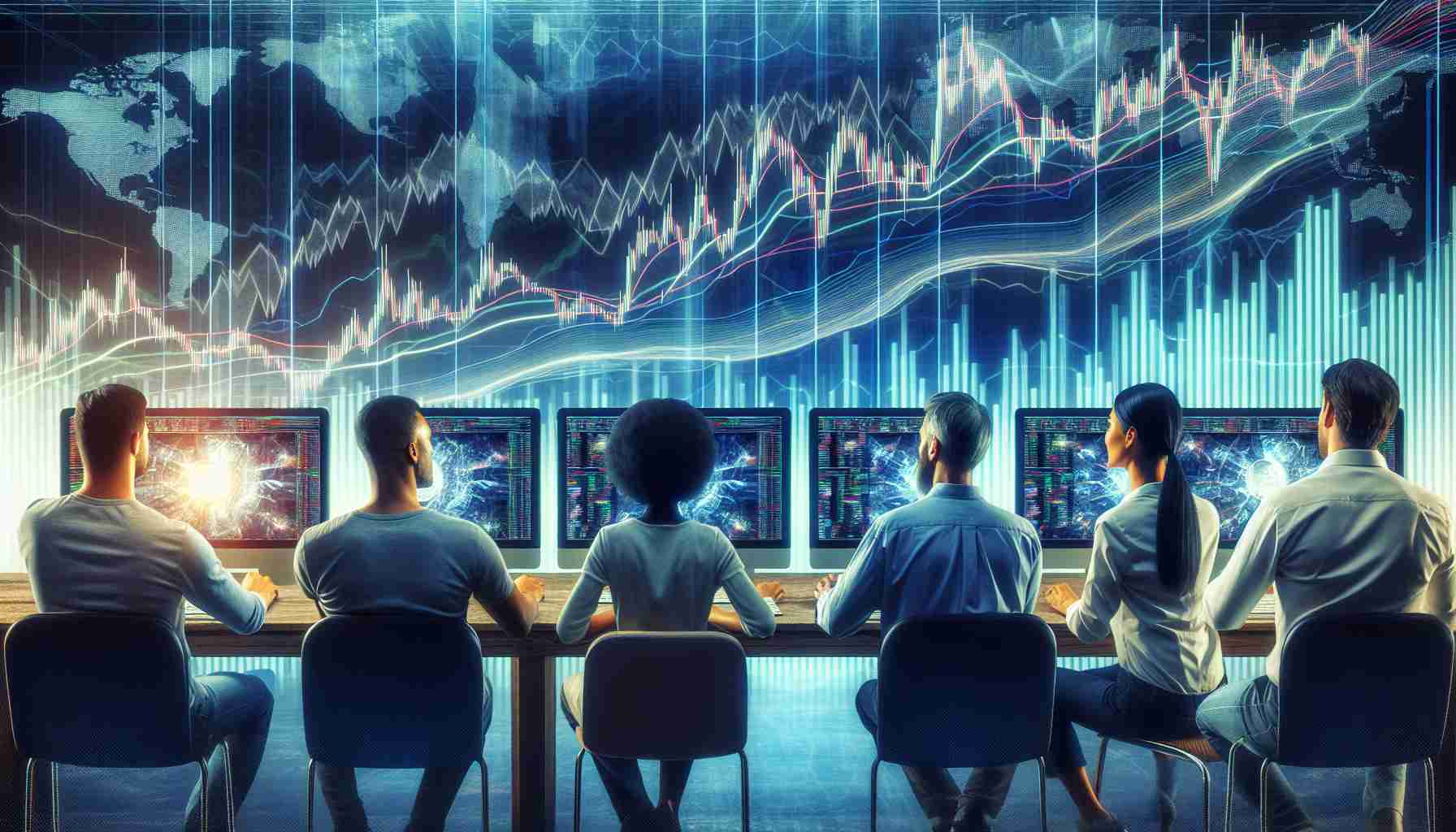 Create a high definition realistic image that depicts a group of individuals engaged in cryptocurrency trading. Show a diversity of people, including a Caucasian man, a Black woman, a Hispanic man, and a South Asian woman. They should all be in front of multiple computer screens, displaying cryptocurrency graphs with dramatic fluctuations. Despite the chaotic graphics, these individuals maintain a confident and hopeful expression, implying possible riches amidst the market turbulence.