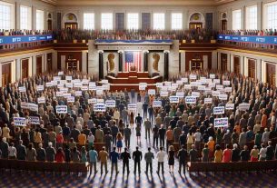 Create a detailed and high-definition image of a large group of people representing diverse descents and gender in a grand hall. The group radiates unity and strong support; they are all carrying signs with the text 'FIT21 Crypto Bill'. Suspended from the ceiling is a banner reading 'Bipartisan Support'. The atmosphere suggests a major legislative gathering, perhaps a senate.