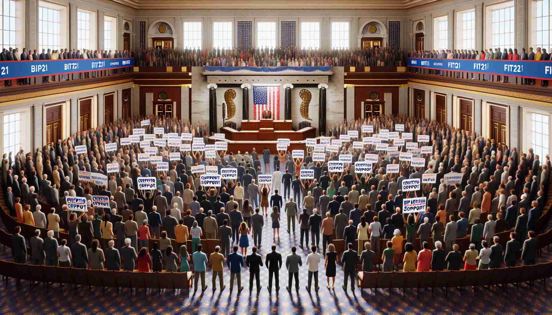 Create a detailed and high-definition image of a large group of people representing diverse descents and gender in a grand hall. The group radiates unity and strong support; they are all carrying signs with the text 'FIT21 Crypto Bill'. Suspended from the ceiling is a banner reading 'Bipartisan Support'. The atmosphere suggests a major legislative gathering, perhaps a senate.