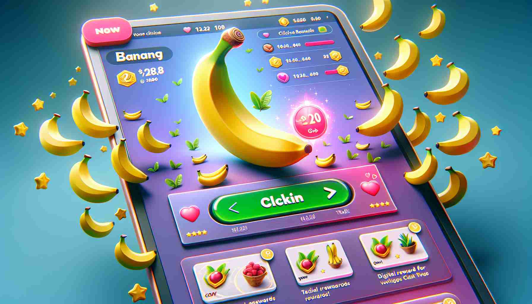 Create a realistic, high-definition image of a popular online clicking game themed around bananas. The game showcases digital rewards that users can collect and trade. Illustrate the game interface with a vibrant banana icon players can click, and a sidebar displaying various tradable rewards, with highlighting their popularity surge. Keep the overall aesthetics playful and engaging, similar to popular casual games.