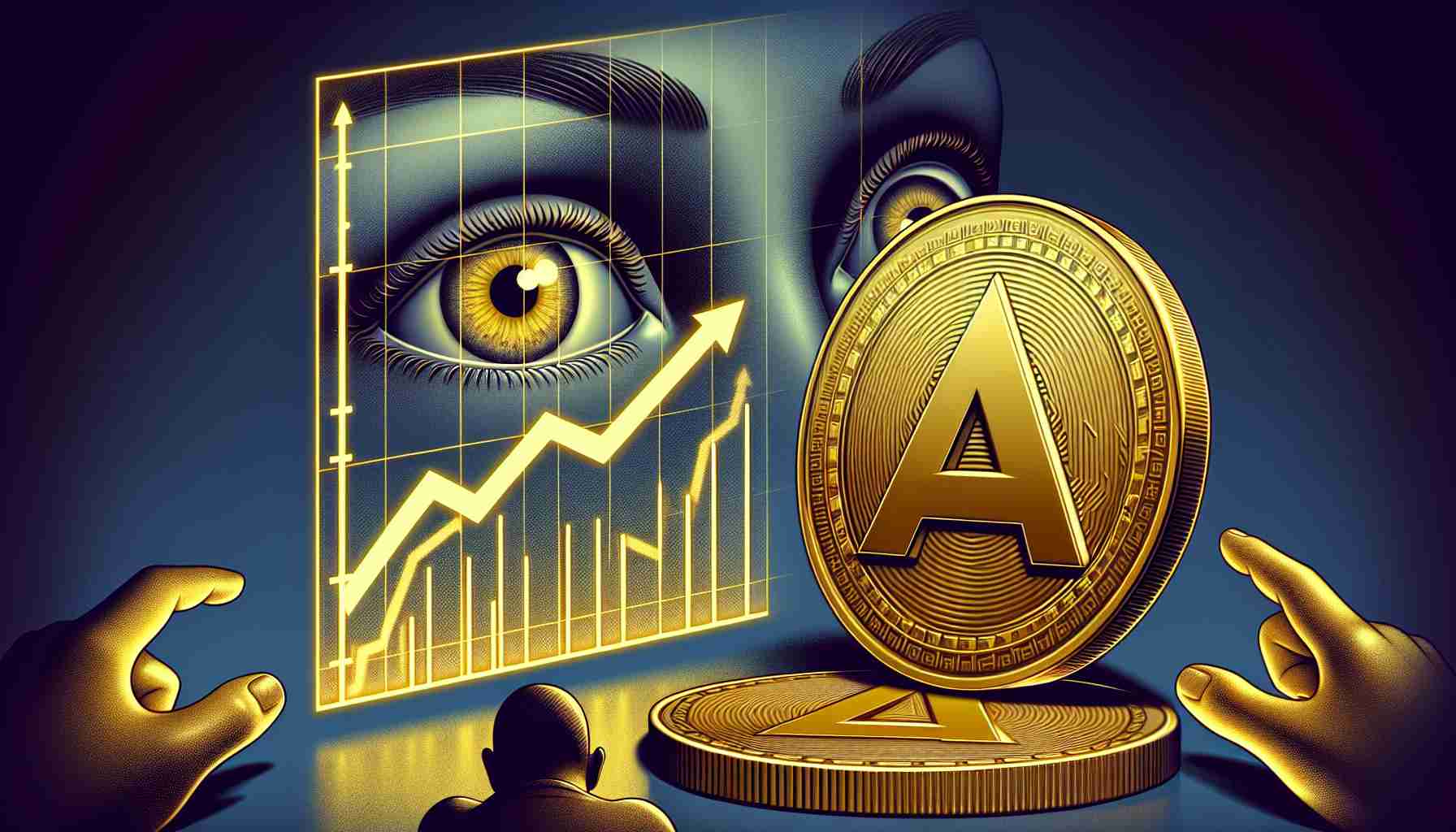 Generate a high-definition, realistically-styled illustration that metaphorically represents anticipation of a surge in altcoin value. This could include elements such as a gold-colored coin with an 'A' symbol embossed on it, a graph with a sharply rising trend line, and an atmosphere of anticipation rendering subtle cues like eyes eagerly watching the coin and graph.