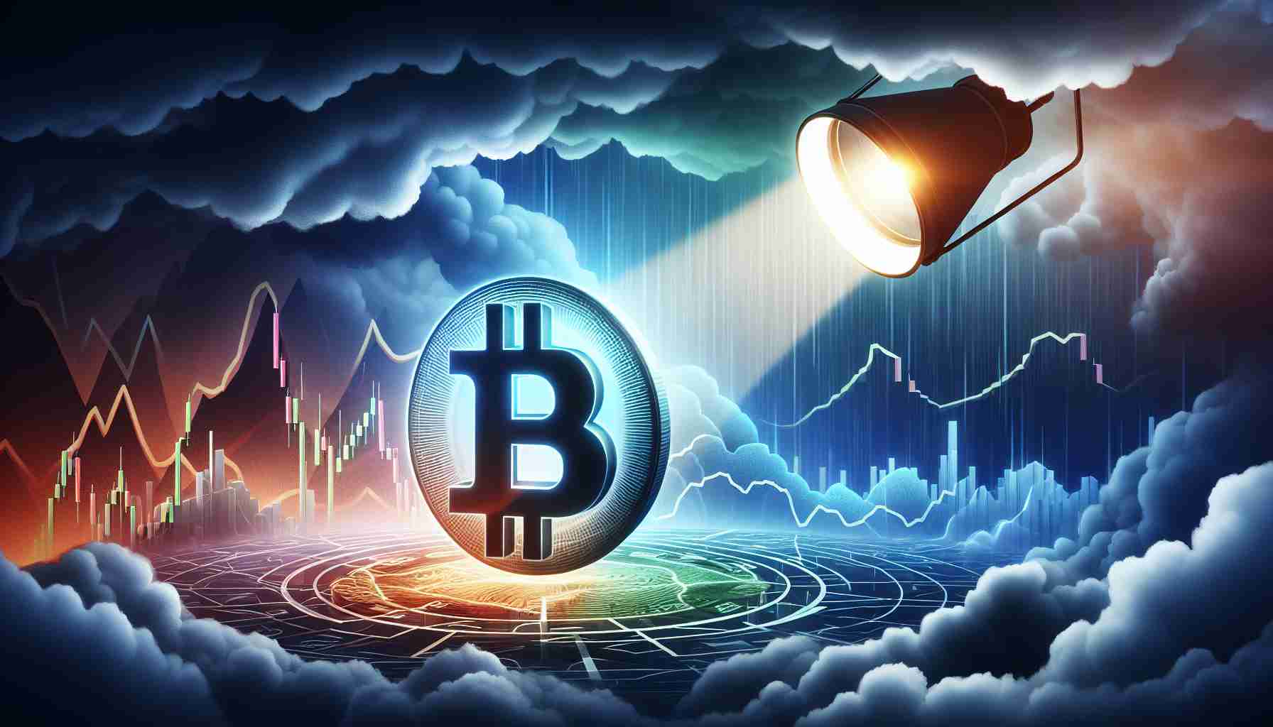 High-definition image representing the concept of regulatory focus intensifying on a financial trading company due to turbulence in cryptocurrency market. Picture a spotlight shining down on an abstract symbol representing a finance trading company, surrounded by stormy conditions symbolic of market turbulence. The spotlight may represent regulatory scrutiny. There should be a mix of cool and warm colors to imply the tension in the scene.