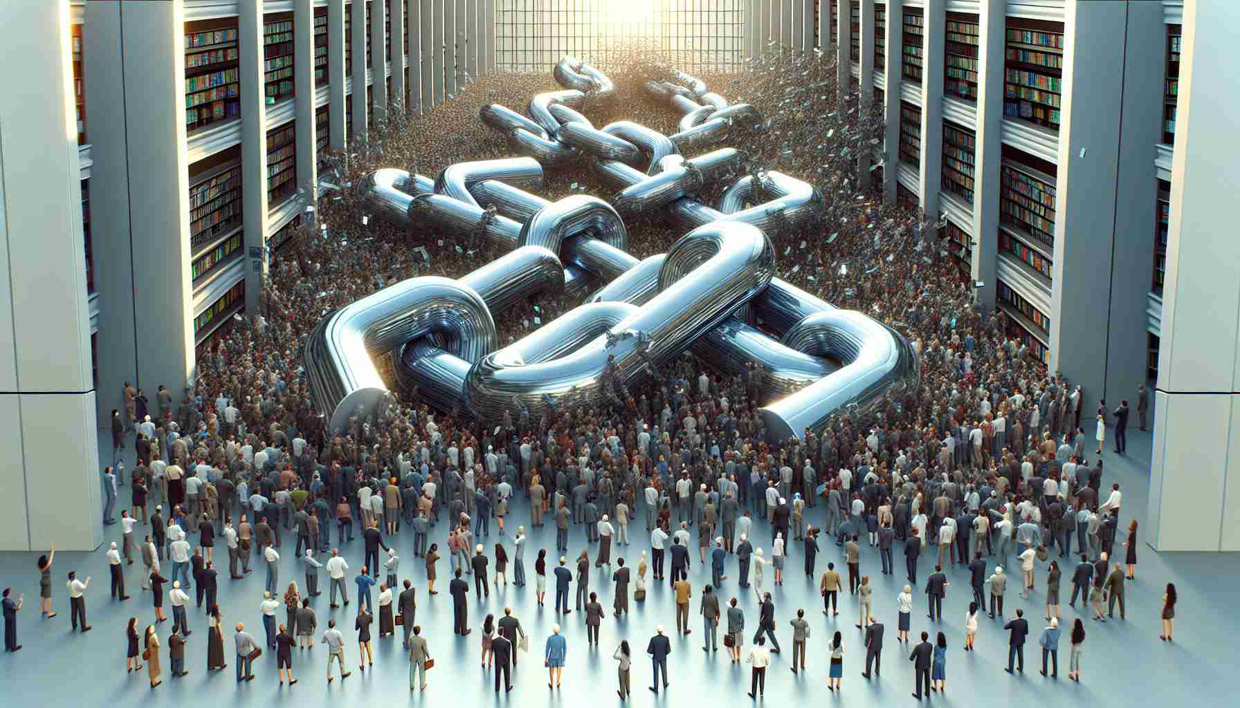 An ultra-high-definition, digital rendering of a large number of link chains being moved into exchange buildings, causing a flurry of activity and interest in the financial market. The scene depicts a number of diverse individuals representing different ethnicities like Caucasian, Hispanic, Black, Middle-Eastern, South Asian, and East Asian observing and reacting to this massive transfer. Each link chain metaphorically shows the flow of digital assets into the exchanges. This event is presented symbolizing a surge in market interest.