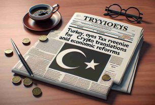 Create a realistic, high-definition image of a newspaper with a headline reading 'Turkey Eyes Tax Revenue from Crypto Transactions Amid Economic Reforms'. The newspaper should be folded and lay on a wooden table. Around it, there should be a cup of coffee and a pair of reading glasses, suggesting someone's morning reading routine.