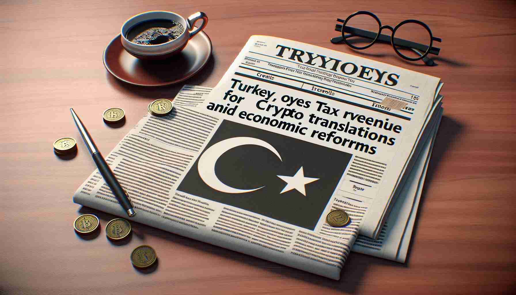 Create a realistic, high-definition image of a newspaper with a headline reading 'Turkey Eyes Tax Revenue from Crypto Transactions Amid Economic Reforms'. The newspaper should be folded and lay on a wooden table. Around it, there should be a cup of coffee and a pair of reading glasses, suggesting someone's morning reading routine.