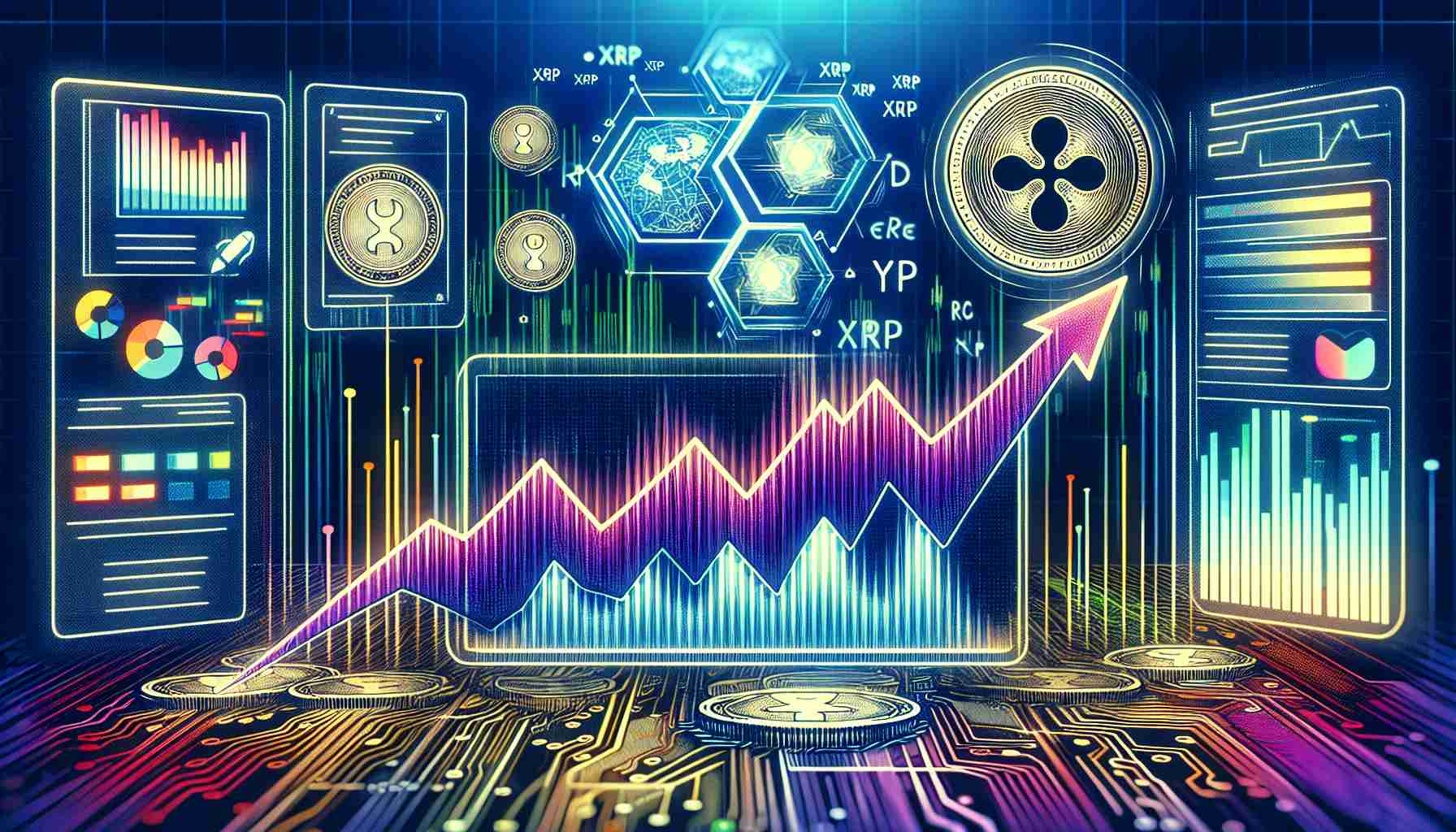 Generate an image of a grandly illustrated financial chart showcasing the positive surge in development and rise in value of the XRP cryptocurrency. The image should be drawn in high contrast and vivid colours to illustrate the 'bullish' market trend. In the background, display symbols of coding and development, implying a surge in underlying tech adoption, while maintaining the overall theme to be financial and innovative.