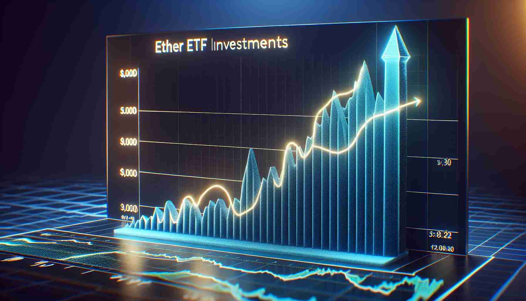 Render a high-definition, realistic image of a surge in Ether ETF investments following its launch. The image should illustrate a dramatic increase in growth, represented by a steep upward graph line. The graph should be clearly labeled with 'Ether ETF Investments' and timeline indicators denoting the pre and post-launch period. The overall feel should express a sense of optimism and a strong positive market response.