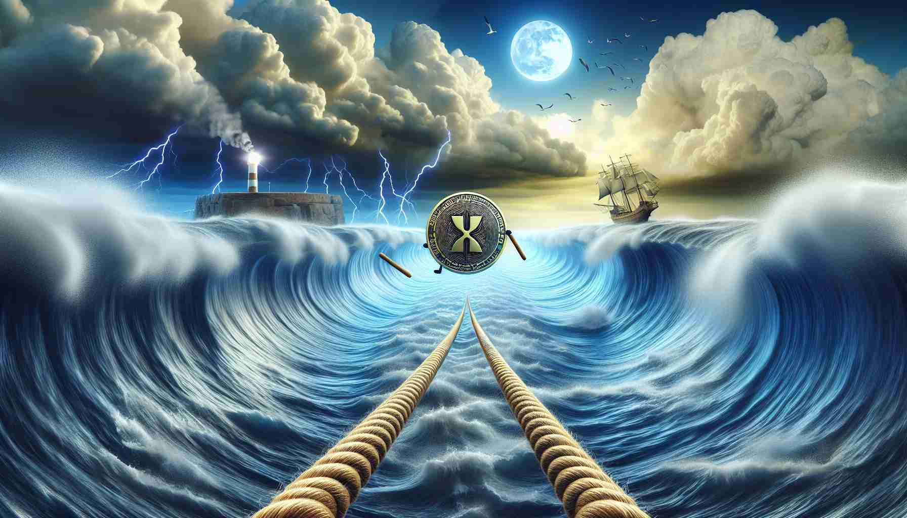 Generate a high-definition, metaphorical image displaying the concept of a coin labeled 'XRP' trying to find balance on a tightrope stretched over a tempestuous sea, symbolizing the currency's struggle for stability amid surging and plummeting market waves. The coin is shown in mid-fall trying to regain its footing, adding tension to the scene. Dynamic clouds symbolize fluctuating market sentiment, while a distant lighthouse symbolizes hope and guidance. This image should not include any people or recognizable locations.