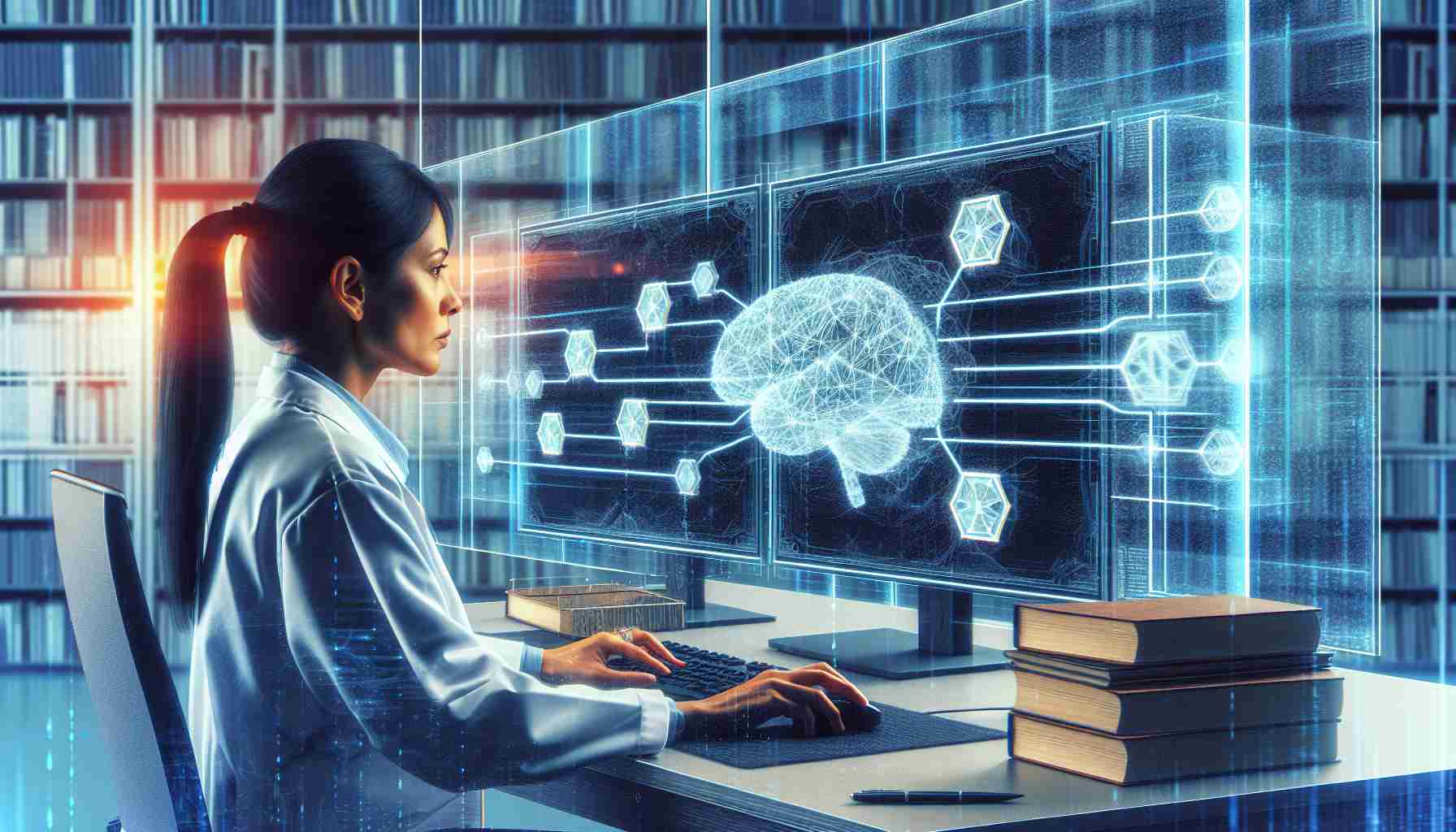 High-definition image showcasing the concept of using blockchain technology to revolutionize the field of Parkinson's disease research. Imagine a symbolic perspective where a person is working on advanced computer systems, executing an algorithm to store and validate the research data. The person is a female South-Asian scientist, focused intently on her work. The screen displays an abstract blockchain pattern linking together pieces of critical information. Behind her desk, books about neuroscience further emphasize the research aspect. Let there be a glass wall, exhibiting a brain graph, hinting towards Parkinson's disease study.