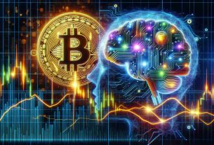 An ultra-high-definition visual representation showcasing the intricate relationship between Bitcoin's market movements and Artificial Intelligence. The image should depict a vibrant graph or chart showing Bitcoin's fluctuations in the foreground, with a symbolic visual of an AI (perhaps a stylized brain with circuits) in the background, blending together in a symbiotic and harmonious manner. The aesthetics should carry a modern, techno-digital vibe, signifying the cutting-edge nature of these fields.