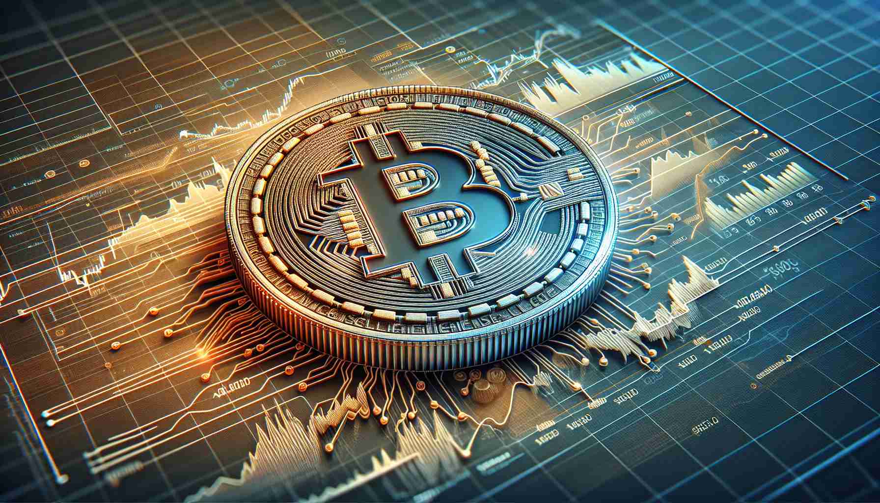 Create a highly detailed and realistic image that represents the concept of Bitcoin's market resilience. Incorporate steady support levels depicted as a line graph, with the various levels marked. The graph should be imposed on a Bitcoin, showing the rising and falling trends, but also highlighting the areas where the price stays steady, demonstrating resilience. Use a background that suggests digital or financial concepts, like binary codes or dollar signs. The overall theme should be stability and resilience in the face of fluctuating market conditions.