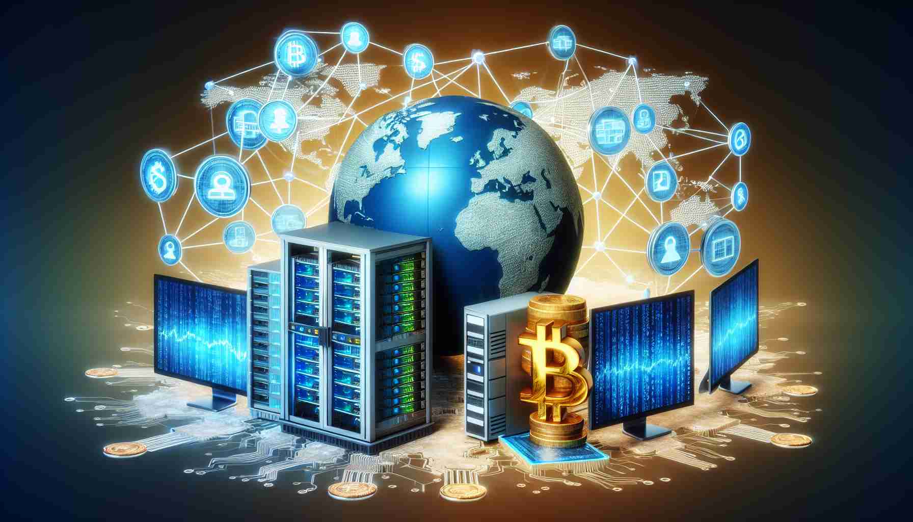 A realistic high-definition image of a symbolic representation of the global endeavor in advancing technology related to digital currency. Perhaps an image that depicts various forms of technology such as servers, digital screens showing currency exchange rates, and global maps highlighting connection nodes worldwide could suffice. These items should be shown intertwined with each other to symbolize the interconnectedness of global financial technology systems.