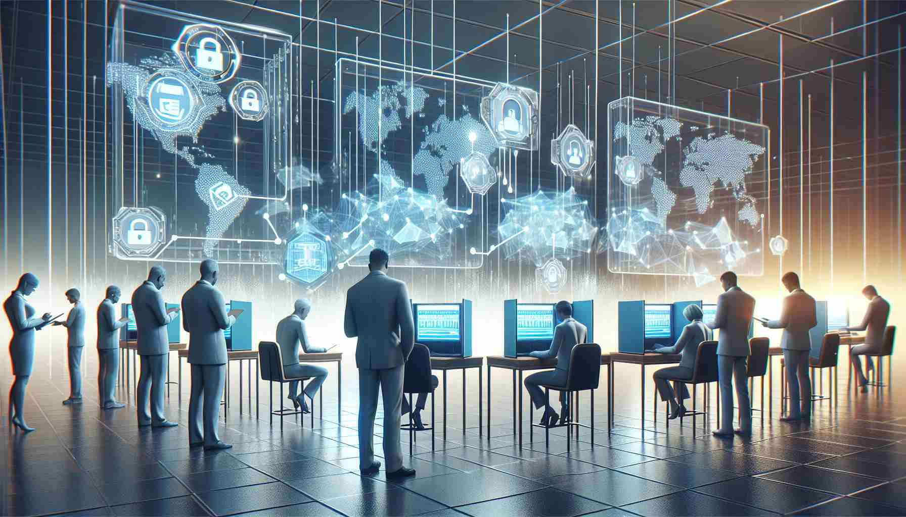 A high-definition, realistic illustration of innovative blockchain technology being used to enhance the integrity of electoral processes. The image should depict a group of various individuals engaged in voting on secure electronic polling stations, showing transparent and encrypted data transfer visible on screens. There should be visualizations of blockchain networks in the background, representing the secure and decentralized nature of the operation. The room is brightly lit, highlighting the technological advancement and positiveness being brought to election processes.