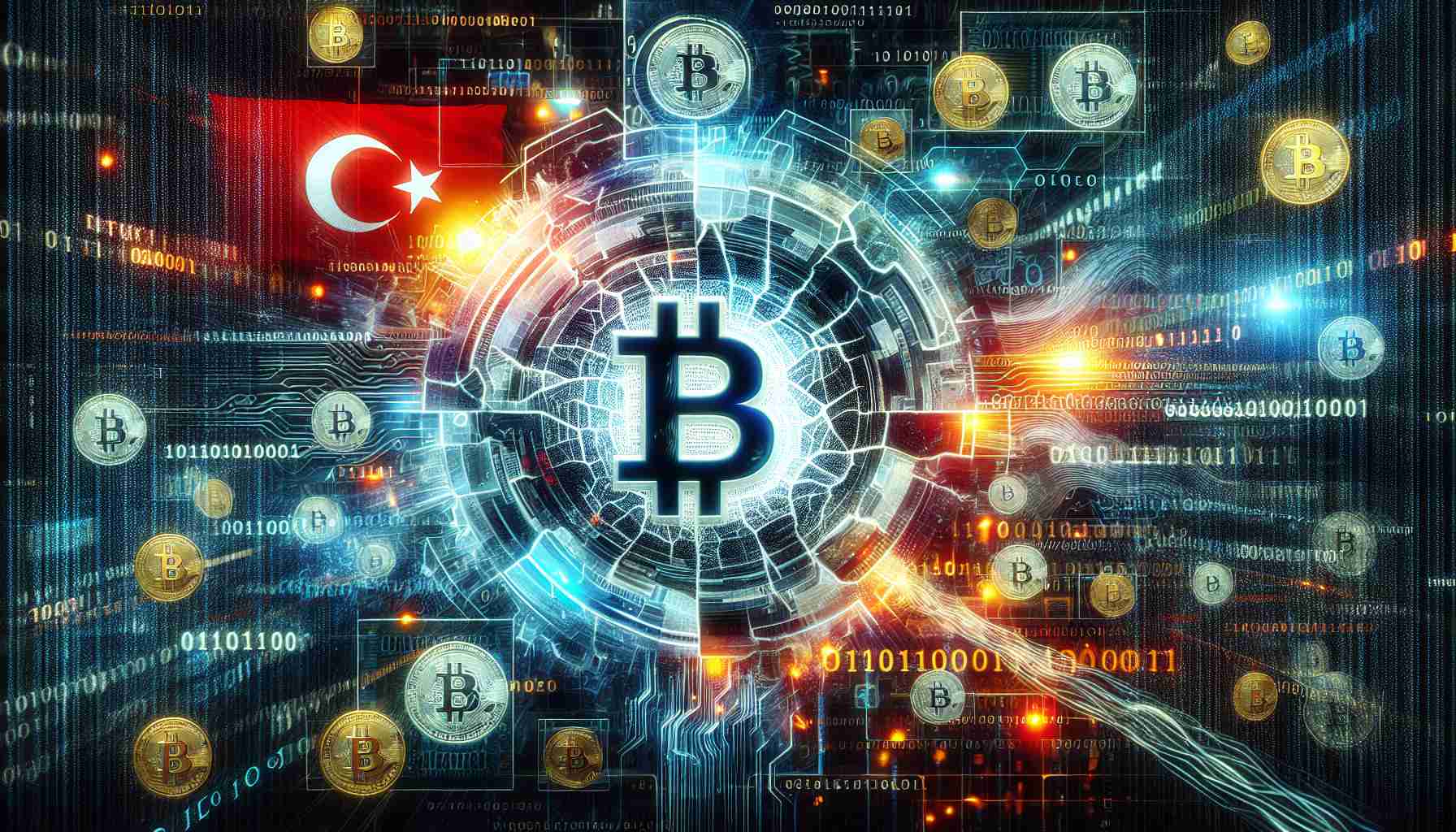 Create a highly detailed and realistic image showcasing an abstract representation of a security breach incident happening at a cryptocurrency exchange center based in Turkey. This should not include any logos, identifiable information or depictions of real individuals. The image can incorporate elements such as a cracked digital screen, streams of binary code, Turkish currency symbols interleaved with Bitcoin symbols, as well as a sense of urgency and chaos signifying a security compromise.