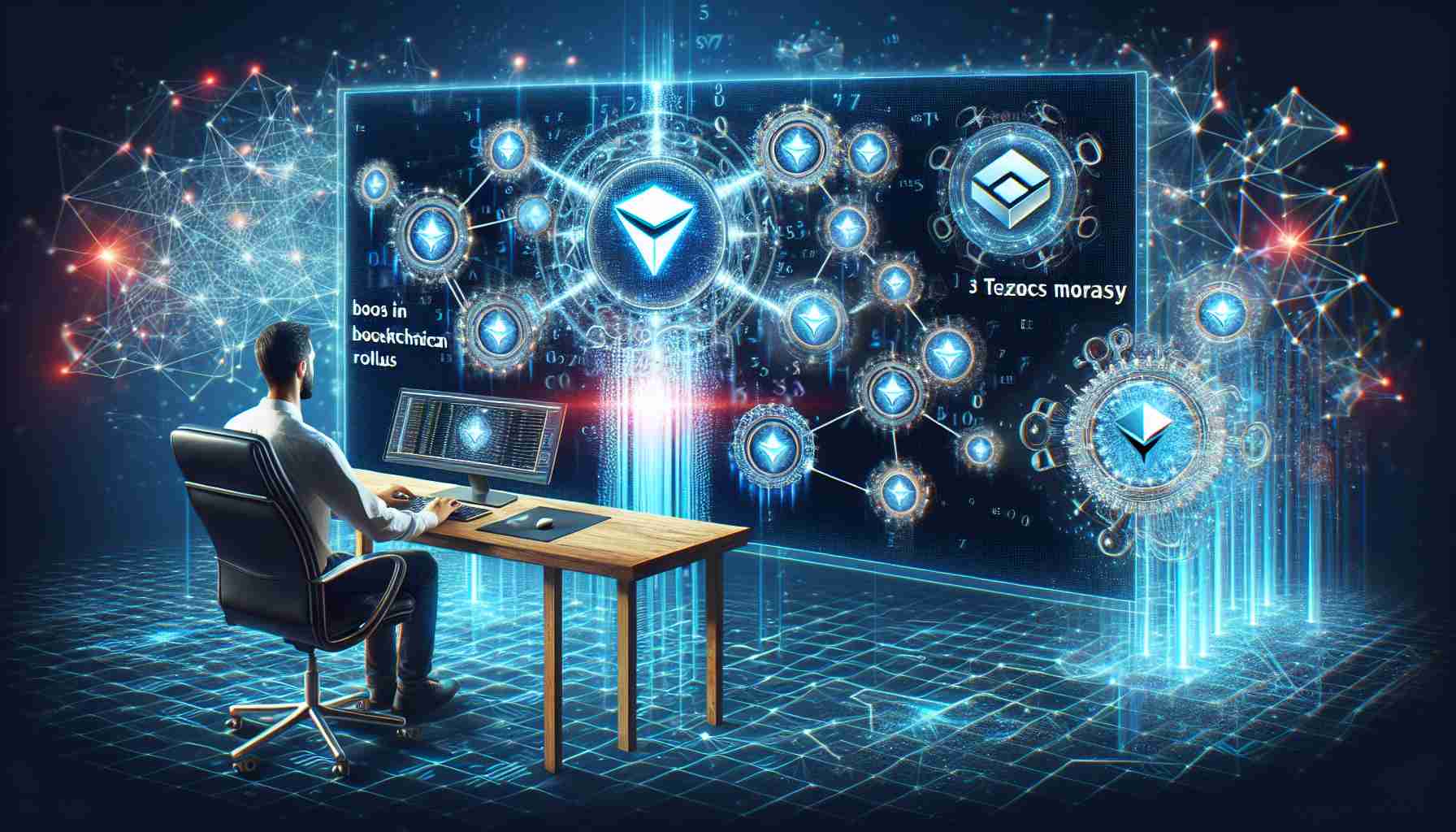 Create a realistic high-definition digital photo representing the hypothetical plan by the Tezos blockchain platform to enhance its efficacy through the use of a canonical rollup. Incorporate elements such as complex mathematical algorithms, nodes connecting in a network and digital data streams, to visually convey the essence of what boost in blockchain efficiency might look like.