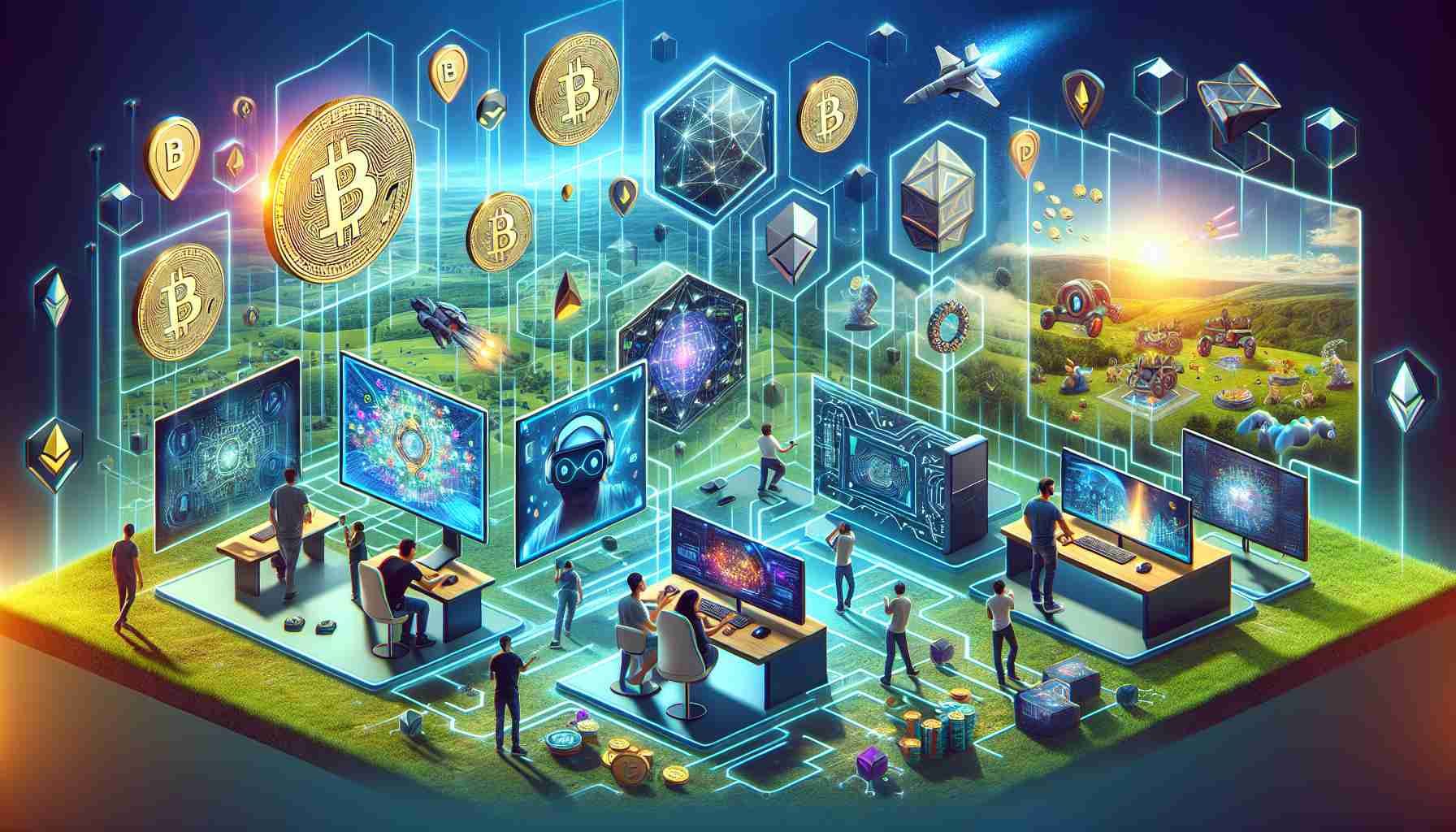 Create a realistic, high-definition image depicting a thriving landscape of virtual environments showing various elements related to cryptocurrency and gaming. Show advanced computers with images of different crypto coins on the screens, people using virtual reality headsets immersed in games. Include some elements signifying 'new developments', like innovative gaming tools, new game graphics, and futuristic blockchain technologies.