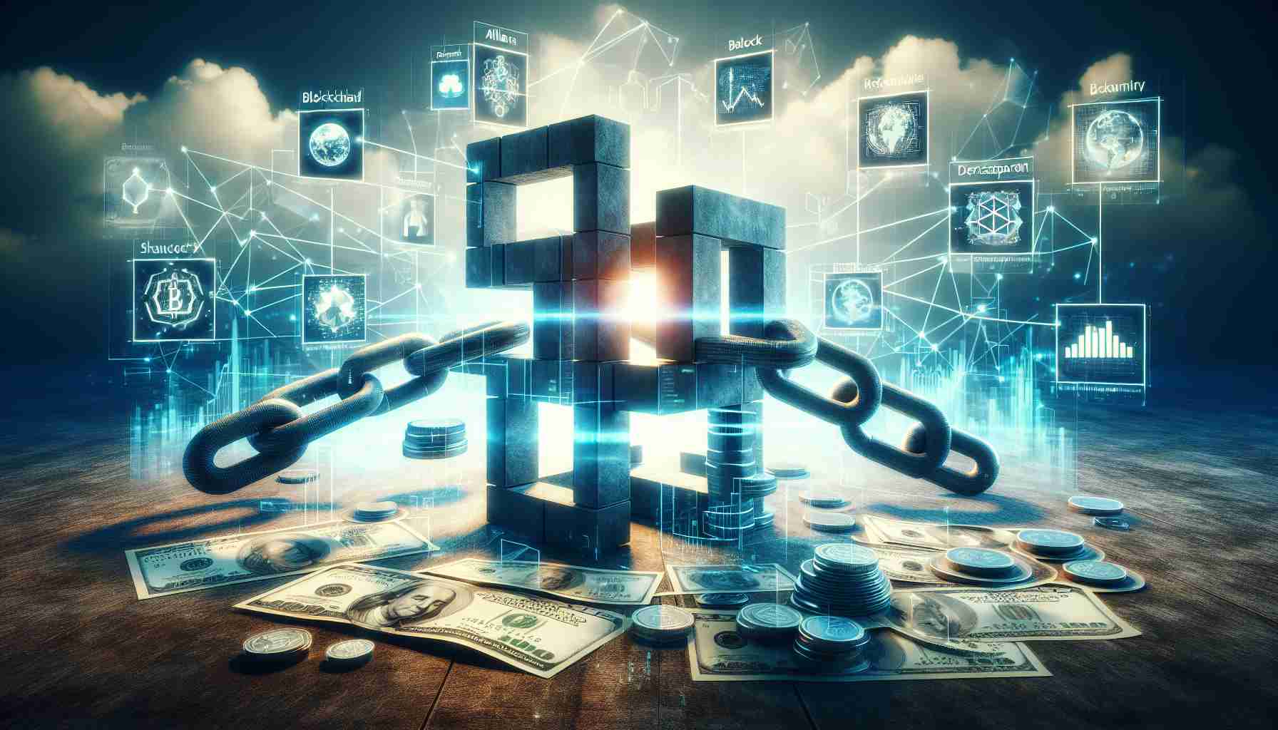 A high-definition image representing the concept of a strategic alliance that enhances blockchain capabilities within the finance industry. The scene could feature a symbolic representation of alliances, perhaps with various interlocking pieces, denoting the integrated and collaborative nature of such endeavors. It could also show a stylized depiction of blockchain, with a chain of blocks illustrating its characteristics - Decentralized, Transparent, Immutable. To symbolize the financial sector, images of currency, stock markets, and banking can be subtly integrated.