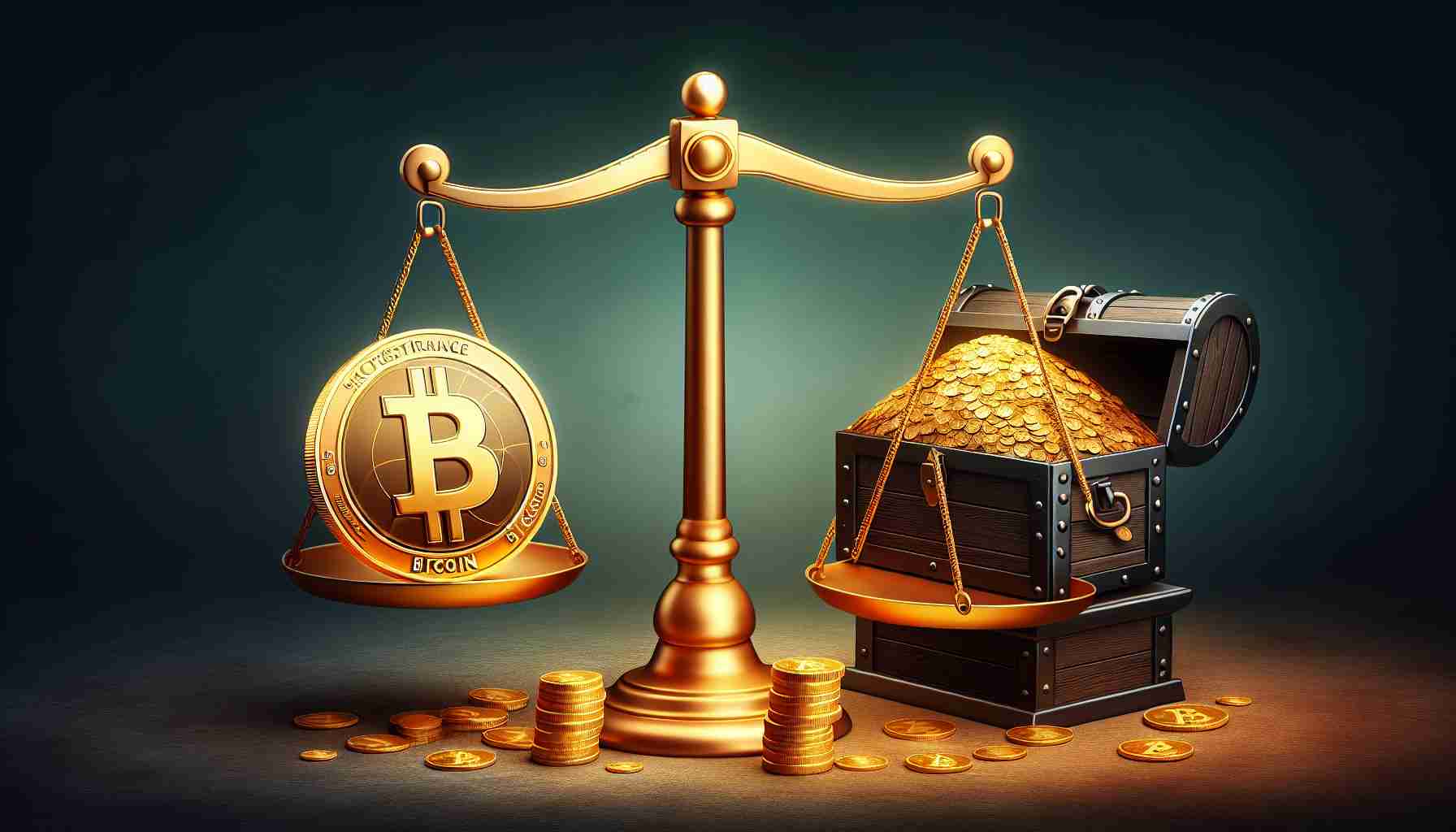 Create a high definition, realistic image that represents the concept of cryptocurrency, particularly Bitcoin, being used for bold business strategies. Illustrate this through a balance scale, with a small pile of coins on one side and a massive treasure chest filled with gold on the other side, symbolizing modest investments transforming into fortunes.